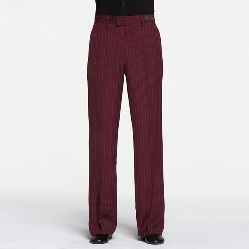 Wine red black white striped men's male competition stage performance ballroom salsa cha cha latin dance straight long pants
